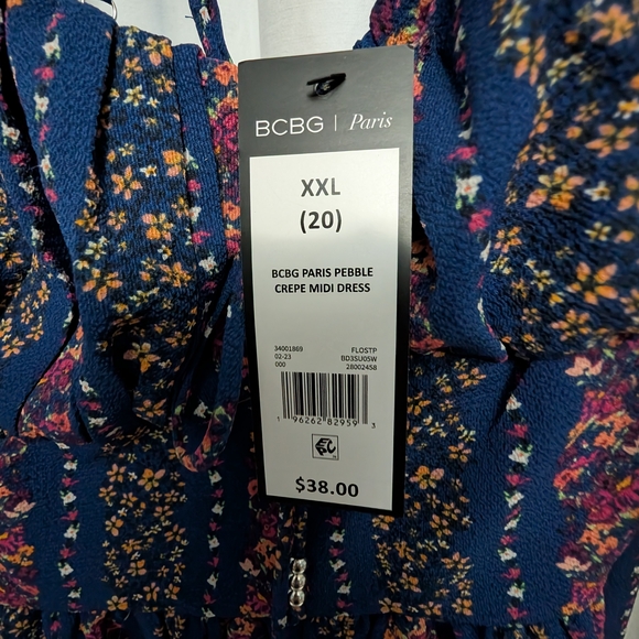 BCBG Paris Pebble Crepe Midi Dress in Blue and Pink Floral - Picture 2 of 2